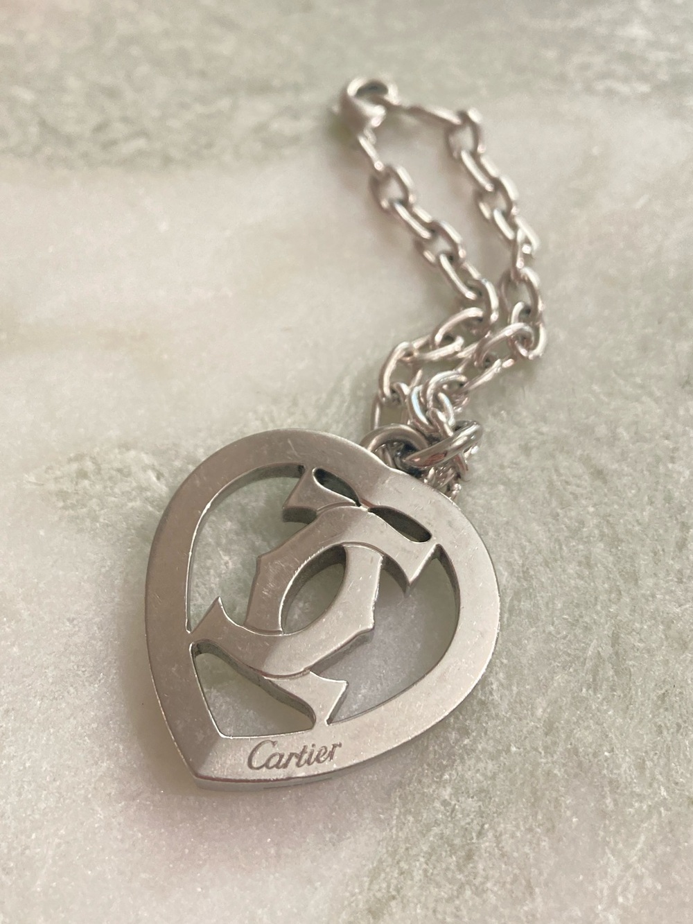 🩶 Cartier 2C Heart Pendant Keychain Bag Charm Silver Vintage